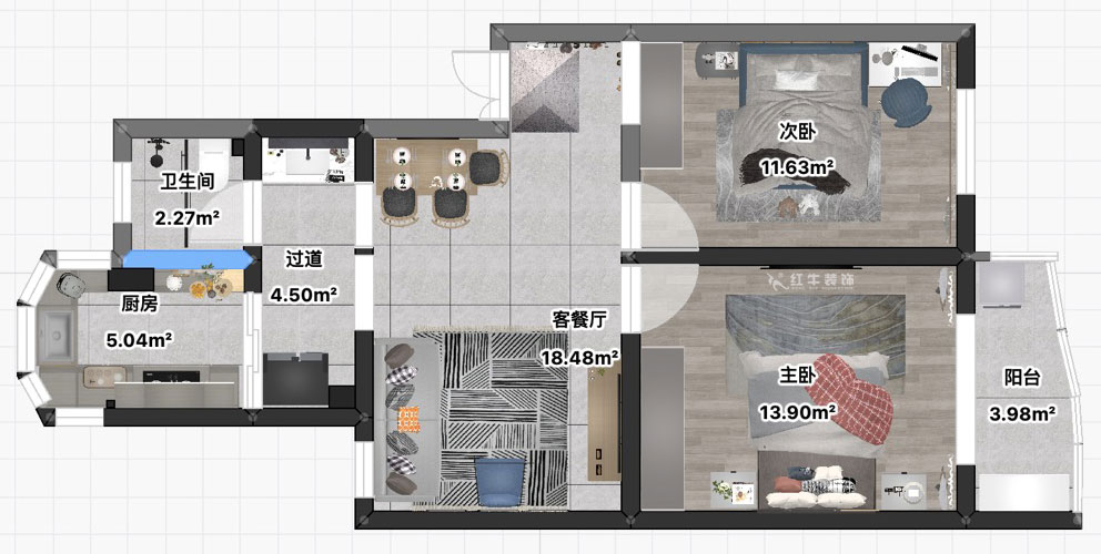 朱彦｜彩虹苑8-24-302-76㎡-简约风格｜2室2厅1卫｜老房装修｜定制家｜全包11万｜00_03平面彩图